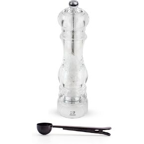 Peugeot - Nancy Acrylic Manual Salt Mill - Transparent Adjustable Grinder Gift Set- With Stainless Steel Spice Scoop/Bag Clip, 8.75 Inch