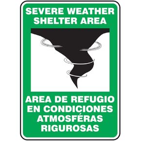 Accuform SBMFEX524VA Aluminum Spanish Bilingual Safety Sign, Legend "SEVERE WEATHER SHELTER AREA/AREA DE REFUGIO EN CONDICIONES ATMOSFERAS RIGUROSAS" with Graphic, 14" x 10" Width, White/Black on Green