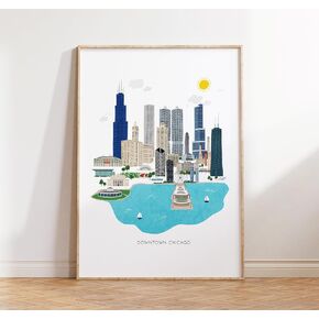 Chicago City Skyline Art Print 12x16 | Wall Art | Illustration | Skyline | Buildings | Downtown | Cityscape | Illinois | Vintage | Aesthetic | Made in USA | Gallery Grade | Unframed (Chicago) | Lindsey Kay Collective