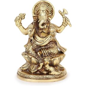 Ganesha Idol Brass Ganesh Sitting Statue on Lotus for the Puja Temple at Home and Office