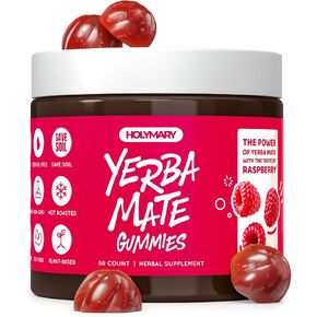 Yerba Mate Gummies, Raspberry Flavor - Energy, Focus, Power Vegan, Non-GMO, Natural Ingredients, Gluten Free, 50 Delicious Supplement Gummies