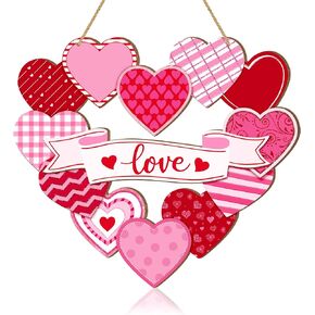 Valentines Day Heart Door Sign, Love Red Pink Heart Wooden Sign, Happy Valentines Day Decor for Front Door, 12 Hearts Pattern Wood Wall Hanging Heart Sign with Ribbon Home Decorations