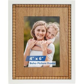 Farmhouse 4x6 Picture Frame, Boho Distressed Brown Photo Frame with Beaded Decor, Wall and Tabletop Display for Anniversaries, Birthdays, Christmas, New Year, Wedding