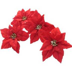 Red Poinsettia Flower Xmas Neutral Christmas Ornaments for Christmas Tree Flowers Wreath Decorations Set with hook-8pcs/pack