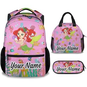 Mermaid Kids Backpack with Lunch Box, Set of 3 School Backpacks Matching Combo, Lightweight Pink Bookbag And Pencil Case Bundle