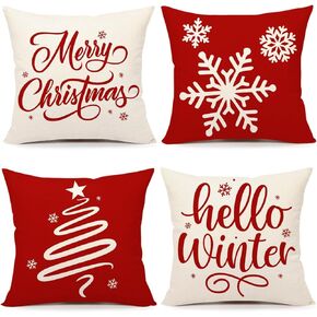 4TH Emotion Red Christmas Pillow Covers 18x18 Set of 4 Farmhouse Xmas Decorations Snowflake Hello Winter Holiday Decor Throw Cushion Case for Home Couch S24C17