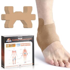 Kinesiology Tape for Ankle, KTQUICK 12 Count Ankle Tape Precut, Original Cotton Waterproof & Breathable, Enhance Elastic Kinesiology Athletic Tape for Ankle Support and Muscle to More Sports (Beige)