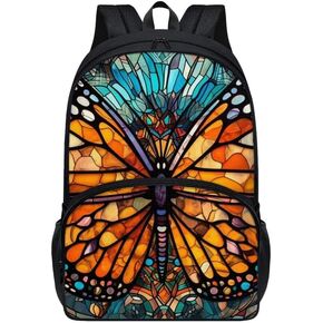 Stained Glass Monarch Butterfly Girls Daypacks 17" Yellow Mandala Butterflies Print College Backpacks Boho Geometric Arts Youth Bookbag Middle School Schoolbag