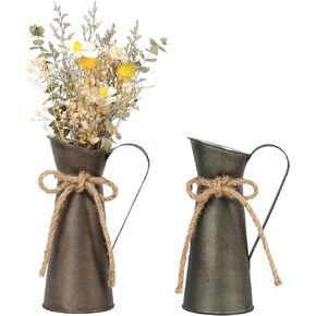 2 Pack Vintage Metal Milk Jug Vase Decor, Shabby Chic Decor Rustic Metal Pitcher, 7.87 Inch Pitcher Vintage Flower Vases for Home/Wedding Decor, Bronze&distressed Colour