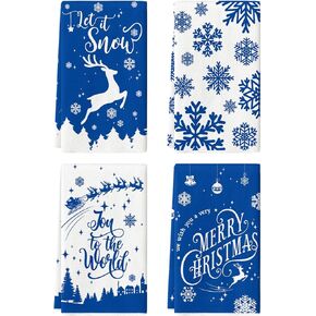 Artoid Mode Elk Snow Merry Christmas Kitchen Towels and Dish Towels Blue, 18 x 26 Inch Winter Xmas Holiday Ultra Absorbent Drying Cloth Tea Towels for Cooking Baking Set of 4