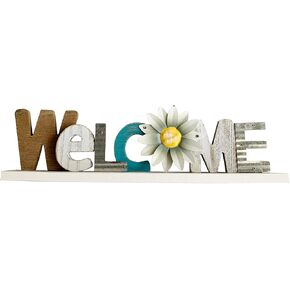 Rustic Wood Daisy Welcome Table Stand Sign Wood Kitchen Table Cabinet Decor, Rustic Wooden Block Letters Welcome Sign Primitive Farmhouse Decoration