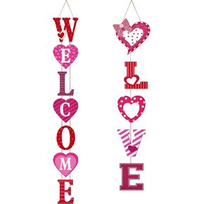 Jetec 2 Pieces Valentine's Day Hanging Signs Welcome Love Hanging Wooden Signs Valentine Heart Wood Porch Signs Vertical Wall Door Sign Decoration for Valentine's Day Party Home Decor
