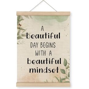 MAQIKA A Beautiful Day Begins with a Beautiful Mindset Poster Framed with Wood, Motivational Wall Decor, Eucalyptus Wall Hanging Decor, Mental Health Canvas Wall Art for Girls Room Dorm 12x16 Inch