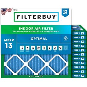 Filterbuy 14x14x1 Air Filter MERV 13 Optimal Defense (12-Pack), Pleated HVAC AC Furnace Air Filters Replacement (Actual Size: 13.75 x 13.75 x 0.75 Inches)