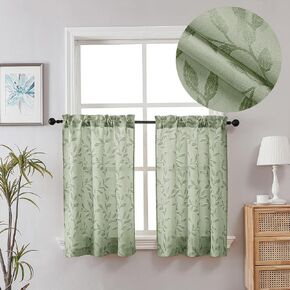 Chyhomenyc Mila Sage Green Kitchen Curtains 36 Inch Length Tier Curtains, Semi Sheer Leaf Jacquard Textured Small Cafe Curtains, Light Filtering Short Window Curtains for Bathroom, Each 30Wx36L, 2PCS