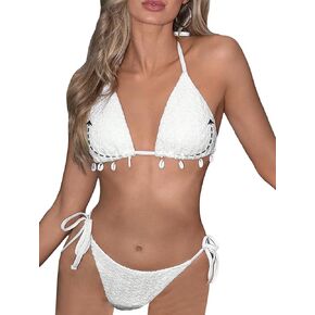 WDIRARA Women's 2 Piece Textured Swimsuits Halter String Triangle Bikini Sea Shell Cheeky Bathing Suit