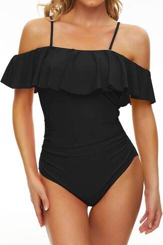 Annbon Women's Off Shoulder Ruffle One Piece Swimsuit Tummy Control Bathing Suit Lace Up Swimwear in Saudi Arabia