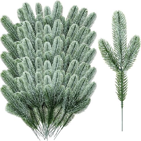 100 Pcs Artificial Pine Needles Branches Garland Green Plants Pine Needles Christmas Picks Fake Christmas Greenery for Xmas DIY Garland Wreath Home Garden Decor, 6.7 x 2.4 Inch (Snow Covered Style) in Saudi Arabia