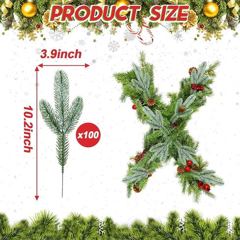 100 Pcs Artificial Pine Needles Branches Garland Green Plants Pine Needles Christmas Picks Fake Christmas Greenery for Xmas DIY Garland Wreath Home Garden Decor, 6.7 x 2.4 Inch (Snow Covered Style) in Saudi Arabia