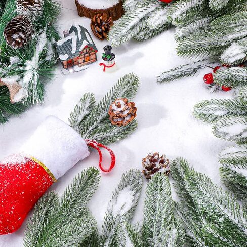 100 Pcs Artificial Pine Needles Branches Garland Green Plants Pine Needles Christmas Picks Fake Christmas Greenery for Xmas DIY Garland Wreath Home Garden Decor, 6.7 x 2.4 Inch (Snow Covered Style) in Saudi Arabia