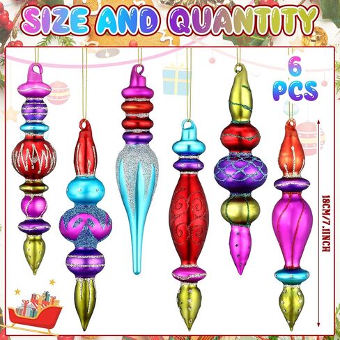 6 Pcs Large 7.1inch Christmas Finials Glass Vintage Ornament Glass Finial Christmas Ornaments Hanging Christmas Finials Ornaments for Holiday Christmas Tree Decoration in Saudi Arabia