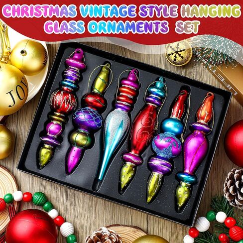 6 Pcs Large 7.1inch Christmas Finials Glass Vintage Ornament Glass Finial Christmas Ornaments Hanging Christmas Finials Ornaments for Holiday Christmas Tree Decoration in Saudi Arabia