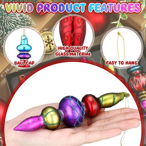 6 Pcs Large 7.1inch Christmas Finials Glass Vintage Ornament Glass Finial Christmas Ornaments Hanging Christmas Finials Ornaments for Holiday Christmas Tree Decoration in Saudi Arabia