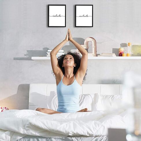 Framed Inhale Exhale Art Print Set Of 2 (10"X8")-Ready To Hang, Meditation Mental Health Wall Art, Black And White Yoga Painting,Modern Zen Print, Canvas Wall Art Poster For Bedroom in Saudi Arabia