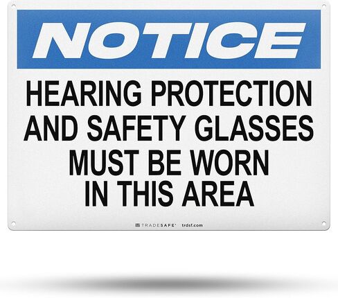 TRADESAFE Hearing Protection and Safety Glasses Required PPE Sign - Wall Sign, Quick Install Aluminum Safety Sign, Light Reflective, UV-Resistant, Waterproof, 14" X 10" Safety Signs for Business in Kuwait