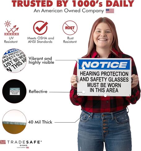 TRADESAFE Hearing Protection and Safety Glasses Required PPE Sign - Wall Sign, Quick Install Aluminum Safety Sign, Light Reflective, UV-Resistant, Waterproof, 14" X 10" Safety Signs for Business in Kuwait