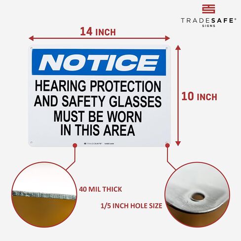 TRADESAFE Hearing Protection and Safety Glasses Required PPE Sign - Wall Sign, Quick Install Aluminum Safety Sign, Light Reflective, UV-Resistant, Waterproof, 14" X 10" Safety Signs for Business in Kuwait