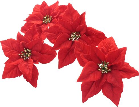 Red Poinsettia Flower Xmas Neutral Christmas Ornaments for Christmas Tree Flowers Wreath Decorations Set with hook-8pcs/pack in Saudi Arabia