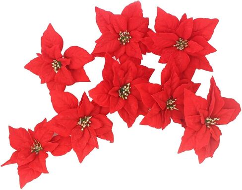 Red Poinsettia Flower Xmas Neutral Christmas Ornaments for Christmas Tree Flowers Wreath Decorations Set with hook-8pcs/pack in Saudi Arabia