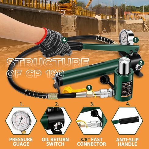 Newhai 10 ton 2" Hydraulic Ram Jack+ cp-180 Hand Pump with Pressure Gauge Hydraulic Porta Power 10 ton kit Low Profile Short Cylinder in Saudi Arabia