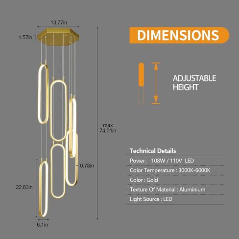 Modern Kitchen Island Dimmable Pendant Light Fixture Gold LED Pendant Lights 6 Ring Oval Chandelier Staircase Large Chandelier Lobby Living Room Foyer High Ceiling Chandeliers in Saudi Arabia