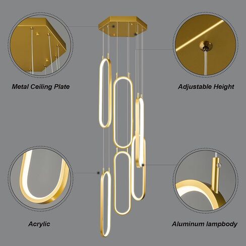 Modern Kitchen Island Dimmable Pendant Light Fixture Gold LED Pendant Lights 6 Ring Oval Chandelier Staircase Large Chandelier Lobby Living Room Foyer High Ceiling Chandeliers in Saudi Arabia