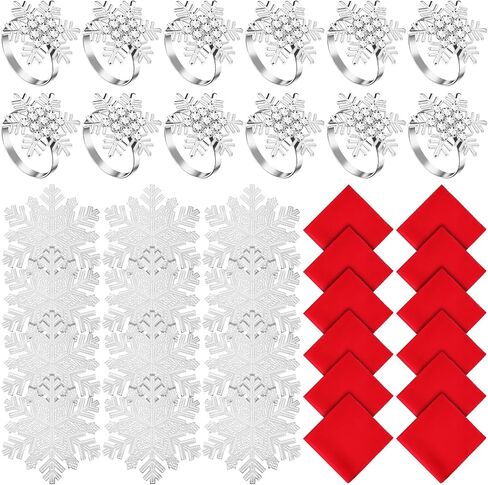 Yungyan 36 Pcs 15 Inch Christmas Napkin Rings Christmas Snowflake Placemats Christmas Cloth Napkin Silver Placemats Metal Napkin Holder Red Napkins Formal Table Setting for Dinning Xmas Party in Saudi Arabia