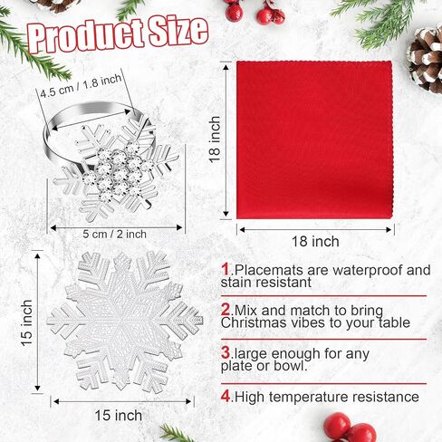 Yungyan 36 Pcs 15 Inch Christmas Napkin Rings Christmas Snowflake Placemats Christmas Cloth Napkin Silver Placemats Metal Napkin Holder Red Napkins Formal Table Setting for Dinning Xmas Party in Saudi Arabia