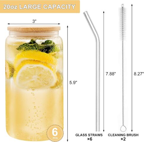 6pcs Glass Cups with Lids and Straws, 16OZ Beer Can Shaped Drinking Glasses Set, Iced Coffee Cup, Glass Tumbler with 2 Cleaning Brushes, Ideal for Cocktail, Whiskey, Tea in Saudi Arabia