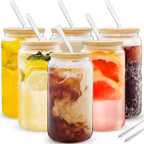 6pcs Glass Cups with Lids and Straws, 16OZ Beer Can Shaped Drinking Glasses Set, Iced Coffee Cup, Glass Tumbler with 2 Cleaning Brushes, Ideal for Cocktail, Whiskey, Tea in Saudi Arabia