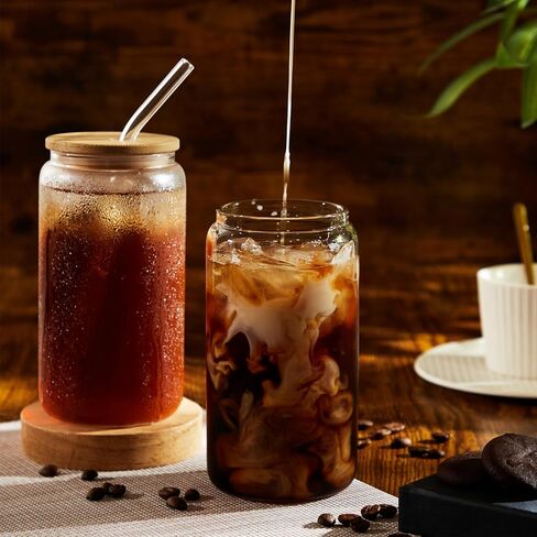 6pcs Glass Cups with Lids and Straws, 16OZ Beer Can Shaped Drinking Glasses Set, Iced Coffee Cup, Glass Tumbler with 2 Cleaning Brushes, Ideal for Cocktail, Whiskey, Tea in Saudi Arabia