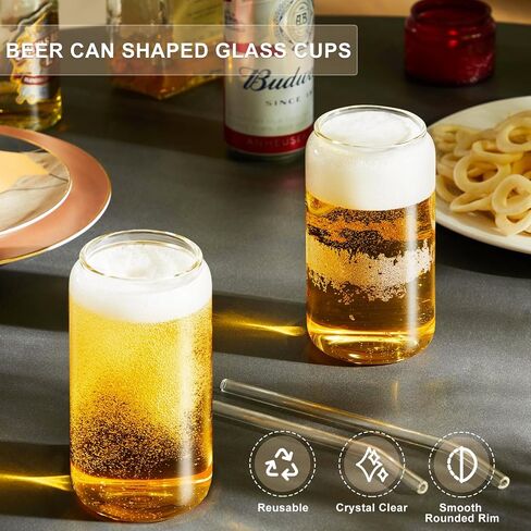 6pcs Glass Cups with Lids and Straws, 16OZ Beer Can Shaped Drinking Glasses Set, Iced Coffee Cup, Glass Tumbler with 2 Cleaning Brushes, Ideal for Cocktail, Whiskey, Tea in Saudi Arabia