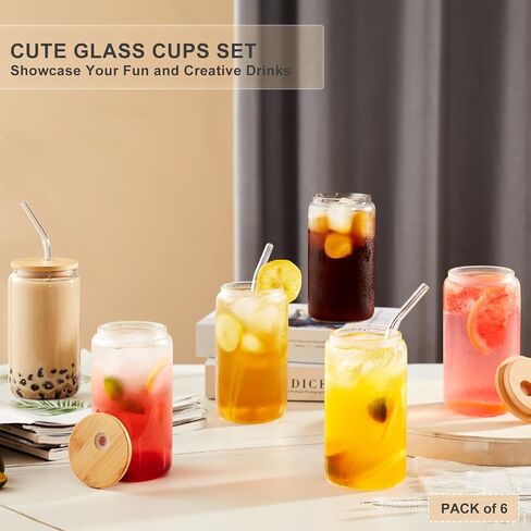 6pcs Glass Cups with Lids and Straws, 16OZ Beer Can Shaped Drinking Glasses Set, Iced Coffee Cup, Glass Tumbler with 2 Cleaning Brushes, Ideal for Cocktail, Whiskey, Tea in Saudi Arabia