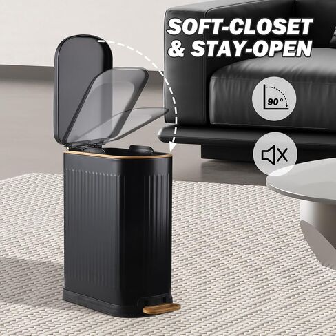 Slim Bathroom Trash Can Foot-Operated Stainless Steel Garbage Can with Soft Close Lid Step Trash Bin with Removable Inner Bucket for Bedroom, Office, Kitchen (Matt Black, 3.5 Gallons) in Saudi Arabia