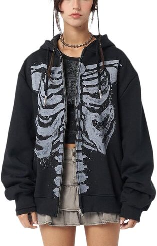 Women Men Y2k Zip Up Hoodie Oversized Skeleton Graphic Hoodies Jacket Aesthetic Vintage Gothic Grunge Sweatshirt in Saudi Arabia