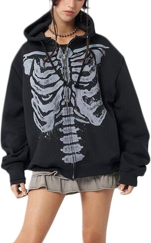 Women Men Y2k Zip Up Hoodie Oversized Skeleton Graphic Hoodies Jacket Aesthetic Vintage Gothic Grunge Sweatshirt in Saudi Arabia