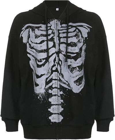 Women Men Y2k Zip Up Hoodie Oversized Skeleton Graphic Hoodies Jacket Aesthetic Vintage Gothic Grunge Sweatshirt in Saudi Arabia