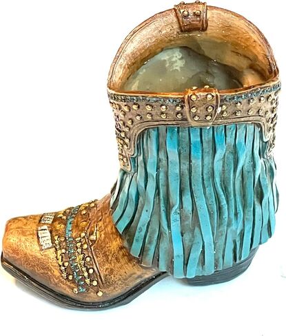Sureg Western Cowgirl Cowboy Small Boot Figurine For Pen Pencil Toothpick Holder Pink Stars and Turquoise Fringe Design 1 Item (Pink Stars with Brown Fringe) in Saudi Arabia