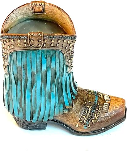 Sureg Western Cowgirl Cowboy Small Boot Figurine For Pen Pencil Toothpick Holder Pink Stars and Turquoise Fringe Design 1 Item (Pink Stars with Brown Fringe) in Saudi Arabia
