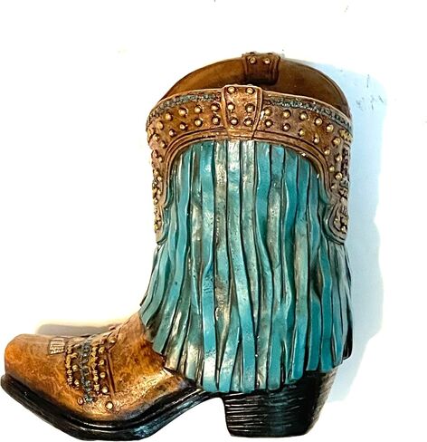 Sureg Western Cowgirl Cowboy Small Boot Figurine For Pen Pencil Toothpick Holder Pink Stars and Turquoise Fringe Design 1 Item (Pink Stars with Brown Fringe) in Saudi Arabia